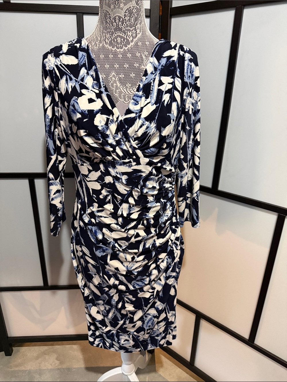 Lauren Ralph Lauren Navy and White Floral Surplice Midi Dress